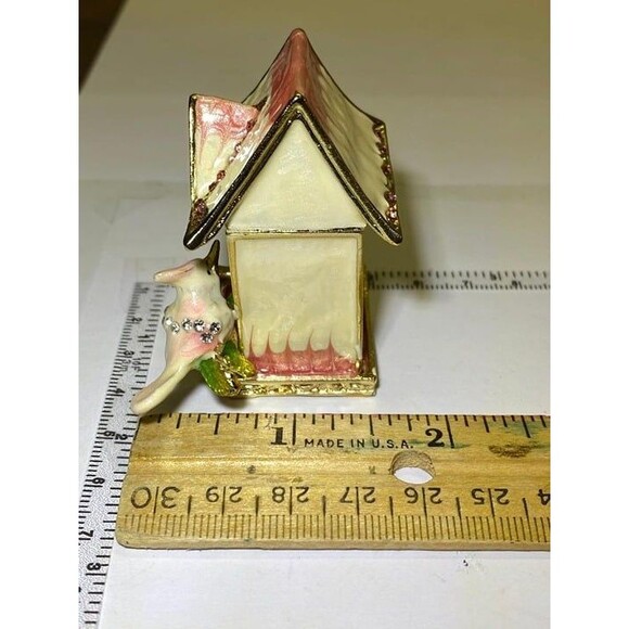 Bird House, Trinket Box, Collectible, White /Pink Enamel Gold tone Accents - Picture 3 of 7